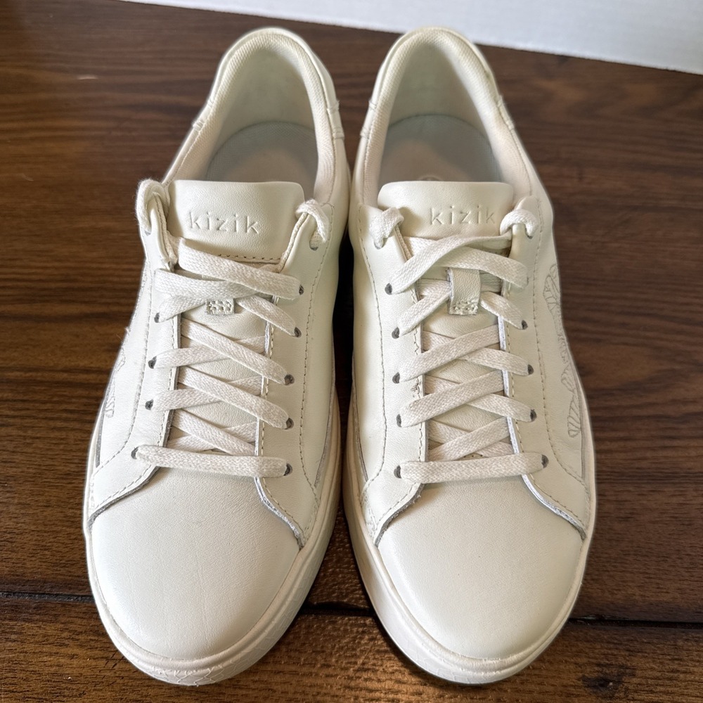 Kizik Womens Vegas Floral Sneaker Size 7 Cream Leather Hands Free Slip On Shoe - Picture 2 of 9